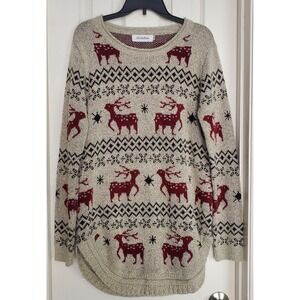 Shineflow Womens XL Reindeer Fair Isle Knit Sweater Oatmeal Red High Low Hem